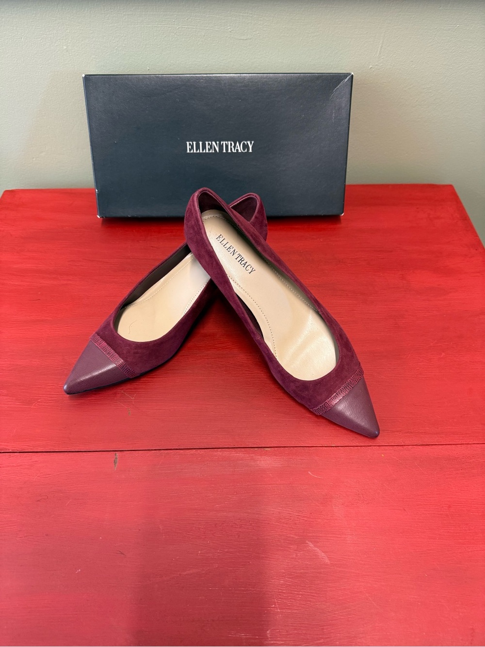 Ellen Tracy Wine Suede Pointed Toe Flats